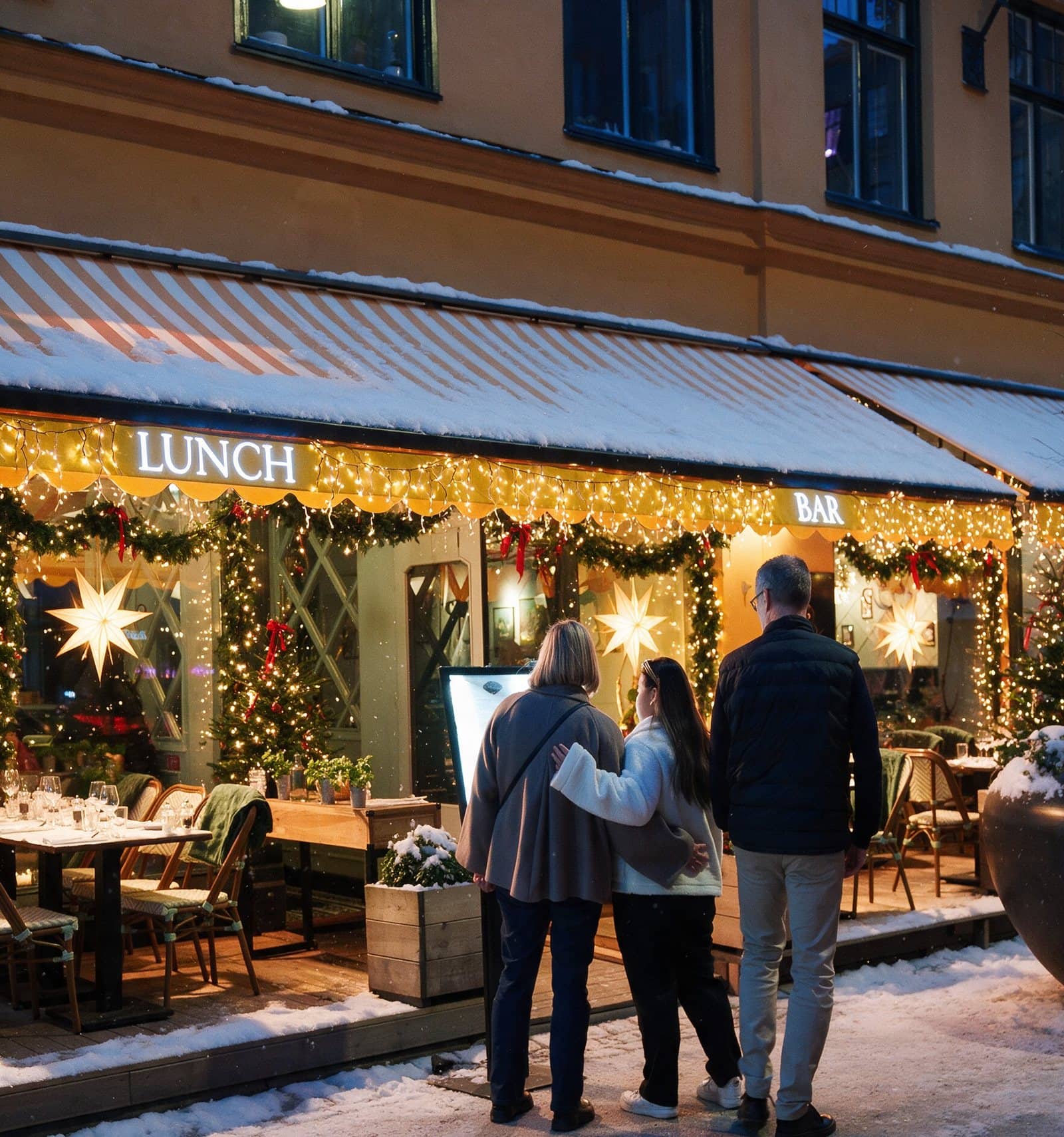 The Rydbergs facade with Christmas lights on a snowy winter evening