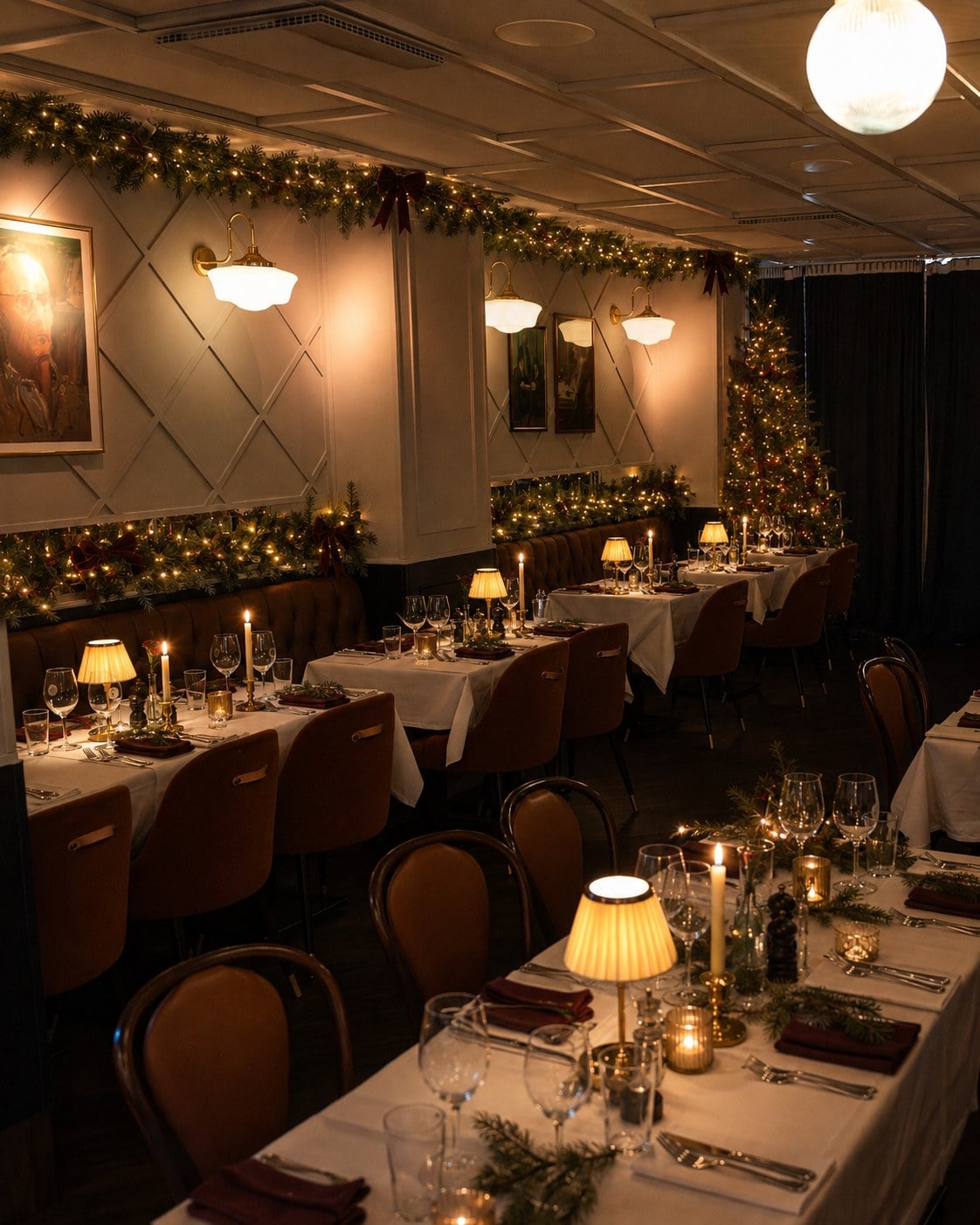 A long table laid for Christmas at Rydbergs with table lamps, candles and a Christmas tree